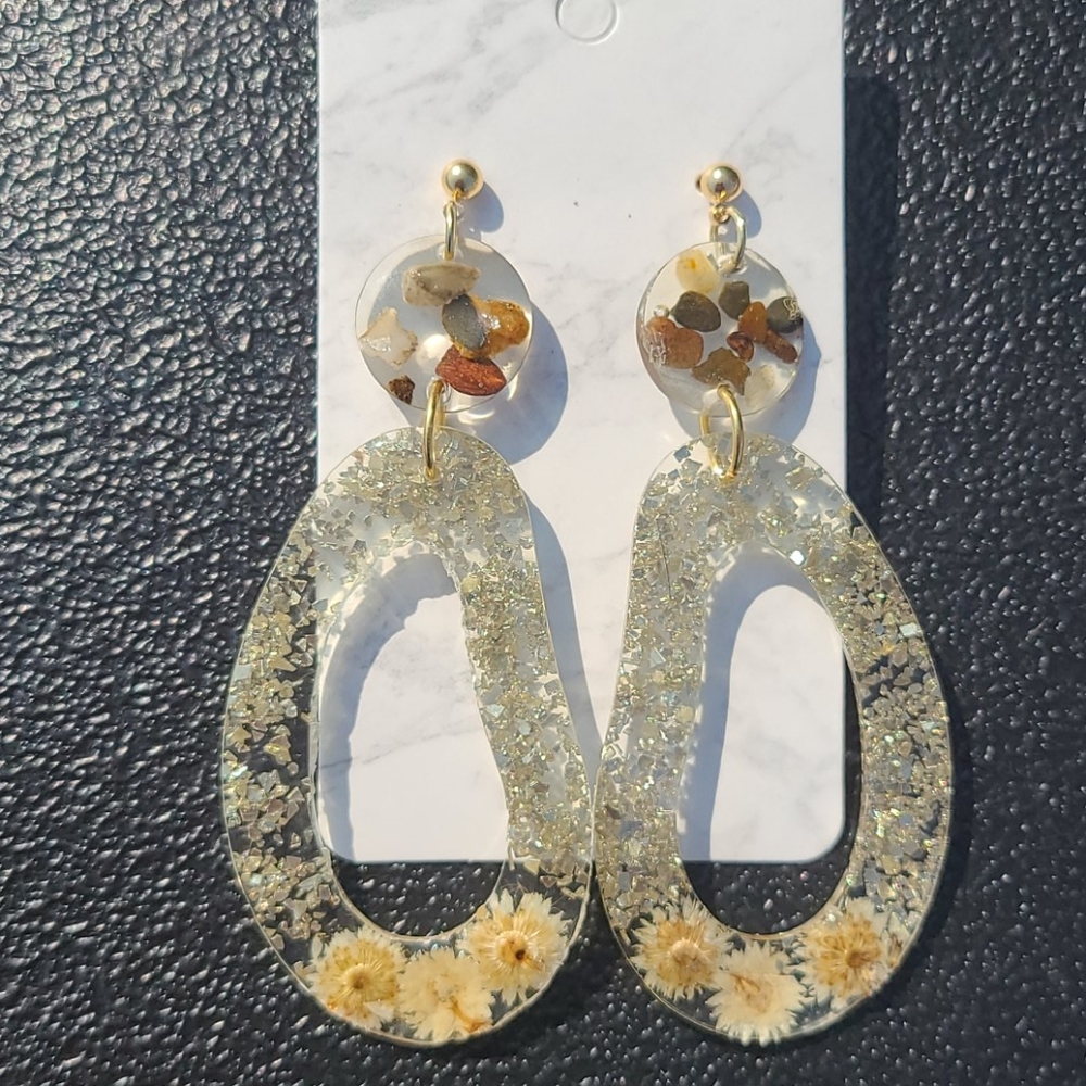 Stone and Flower Acrylic Earrings